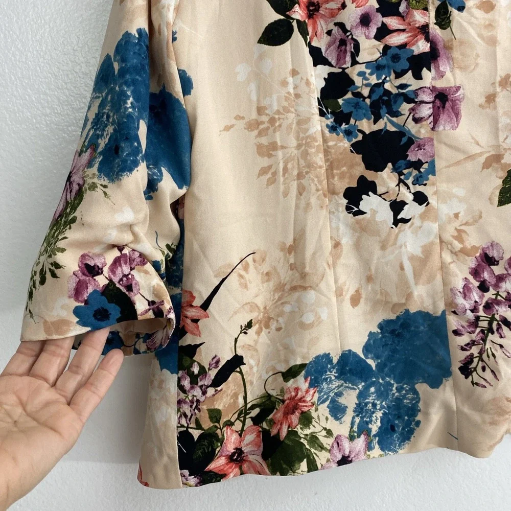 Chelsea28 Floral Print Pink Blazer Open Front Jacket 3 Quarter‎ Sleeve SZ L